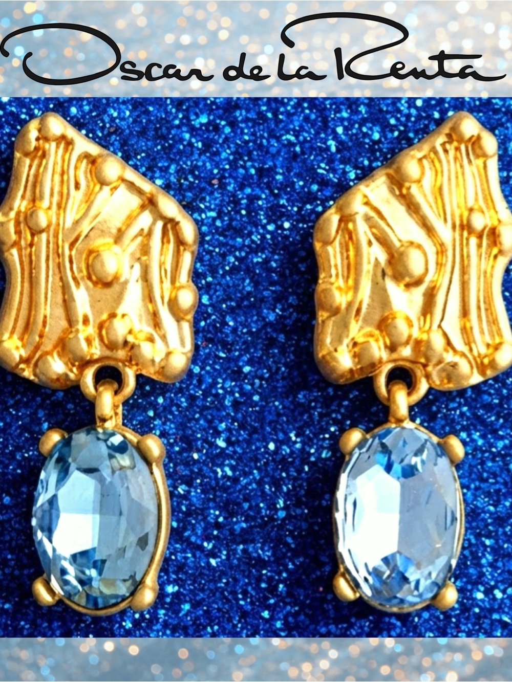 Oscar de la Renta Golden Shield Earrings w/Sky Blue Faceted Crystal Stones✨POST